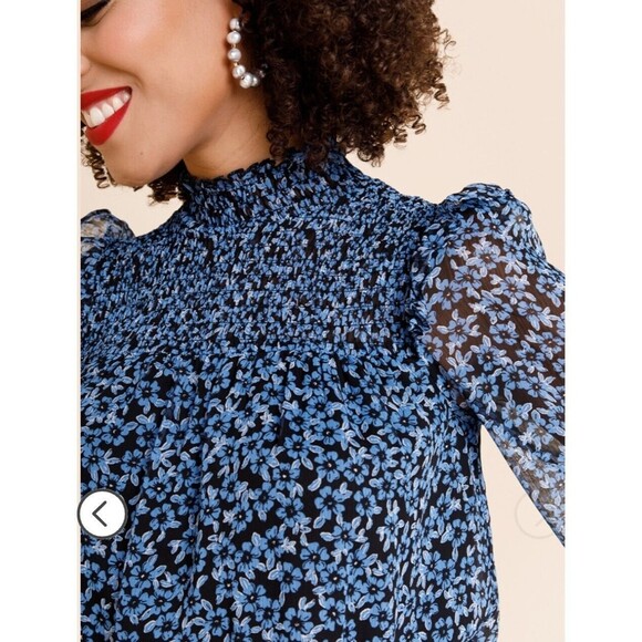Mi Ami Francesca’s Black Blue Lucy Smocked Floral Ruffle Dress S NWT - Picture 12 of 14